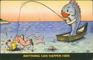 A large fish pulling fishing a man out of water